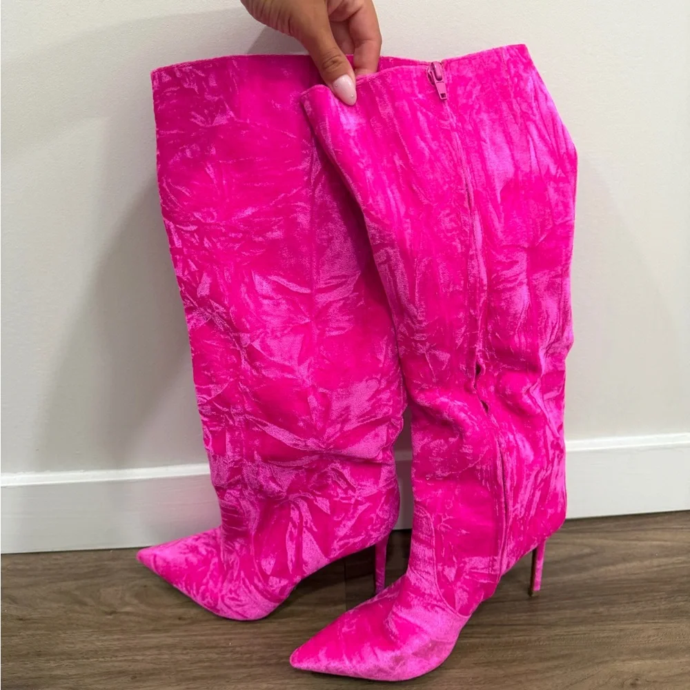 Fuchsia Velvet Mid-Calf Pointed Toe Heeled Boots